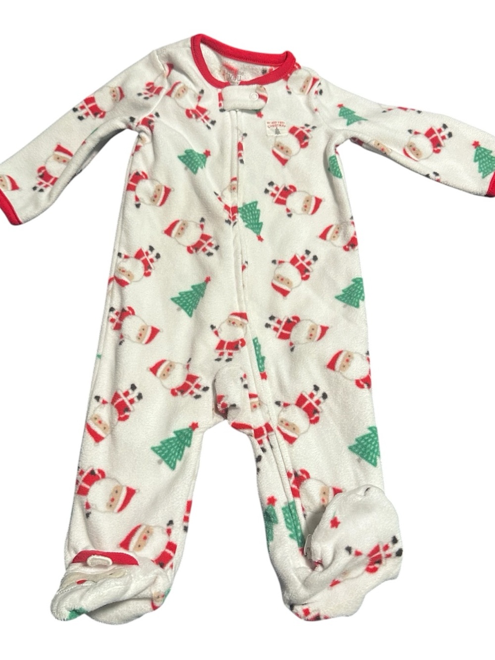 Carter's White Fleece Santa & Green Tree Footed One-Piece